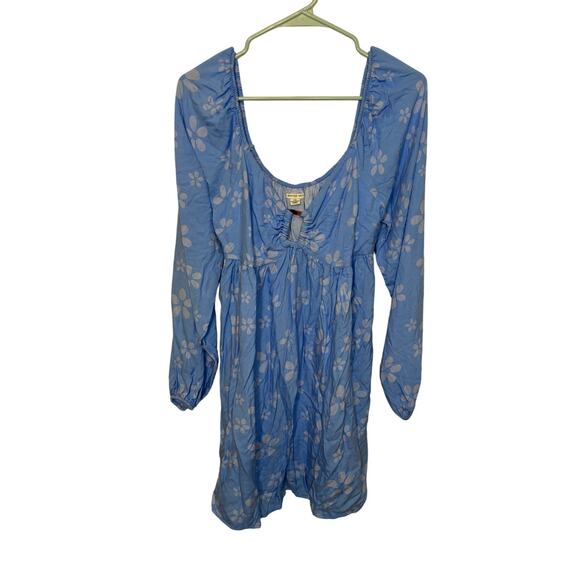 American Eagle Cottage Blue Long Sleeve Short Mini Dress Floral V Neck L - Picture 3 of 6
